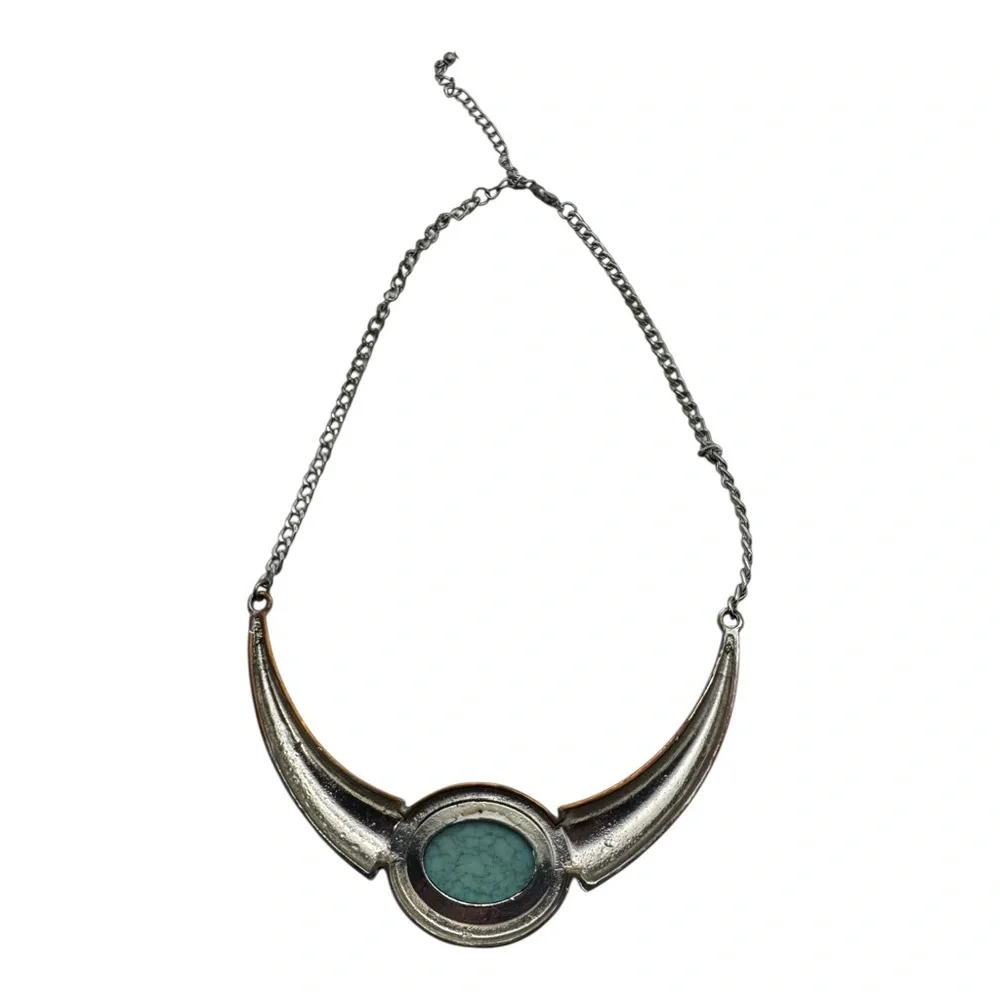 Vintage Silver-Tone Crescent Collar Necklace w/ Blue Crackle Cabochon - Picture 6 of 7